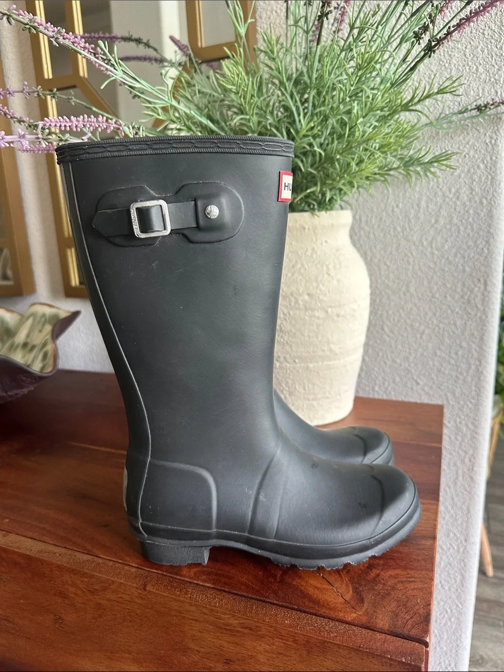 Hunter Black Knee-High Rain Boots with Red Logo Trim